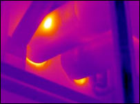 An unseen area of damaged pipe leaking hot gas is identified where the outside surface of the insulated pipe can be seen ‘Hotter’ in the thermal image.