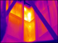 The damaged refractory on the inside of this kiln becomes obvious when viewed externally with an infrared thermal imaging camera.  