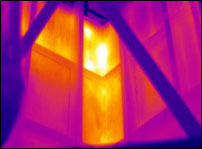 The damaged refractory on the inside of this kiln becomes obvious when viewed externally with an infrared thermal imaging camera.